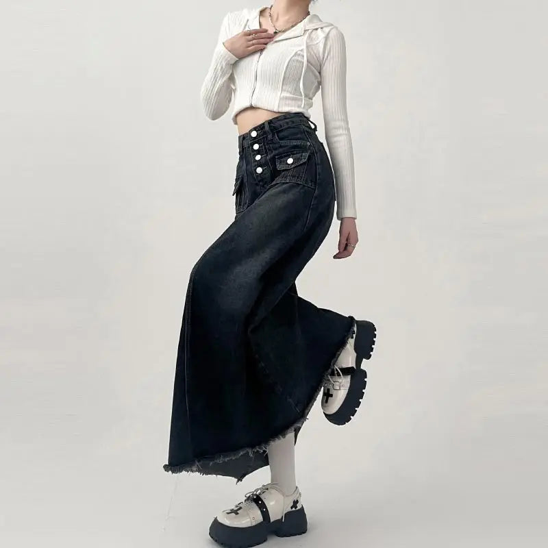 Retro Long A-line Denim Skirt