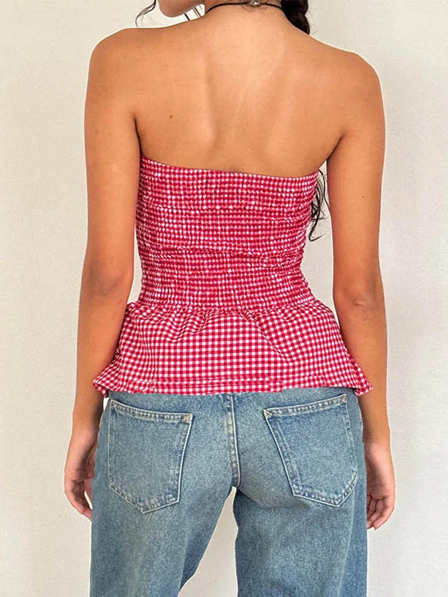 Strapless Plaid Print Ruffle T-Shirt