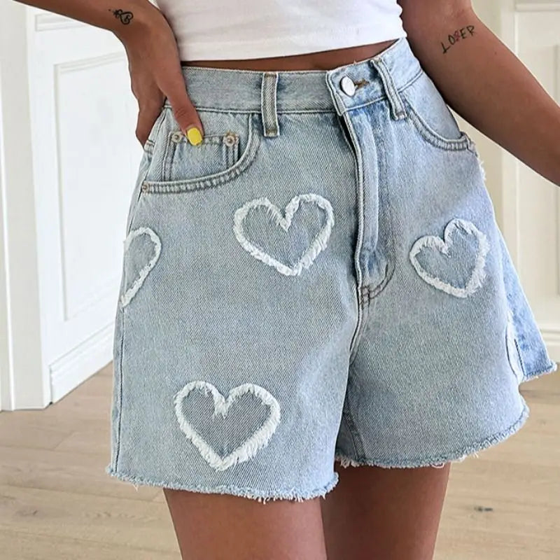 Stylish Heart Pattern High Waist Denim Shorts