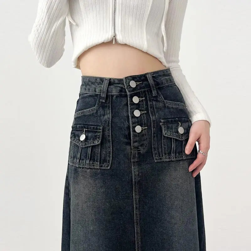 Retro Long A-line Denim Skirt