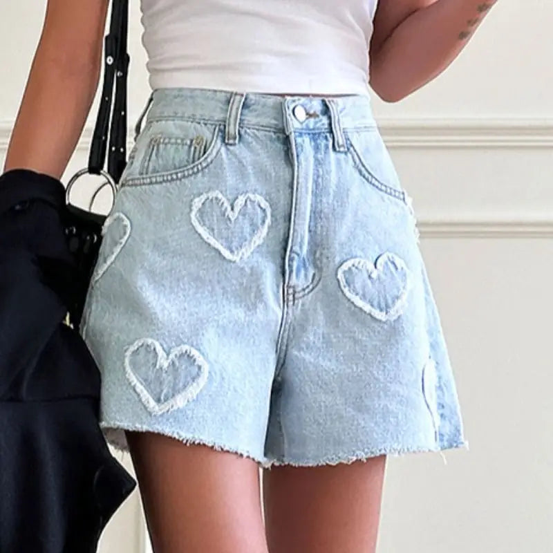 Stylish Heart Pattern High Waist Denim Shorts