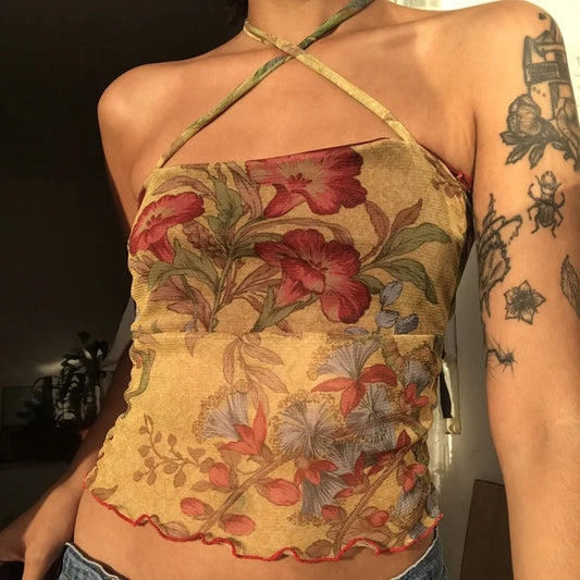 Backless Floral Mesh Halter Top