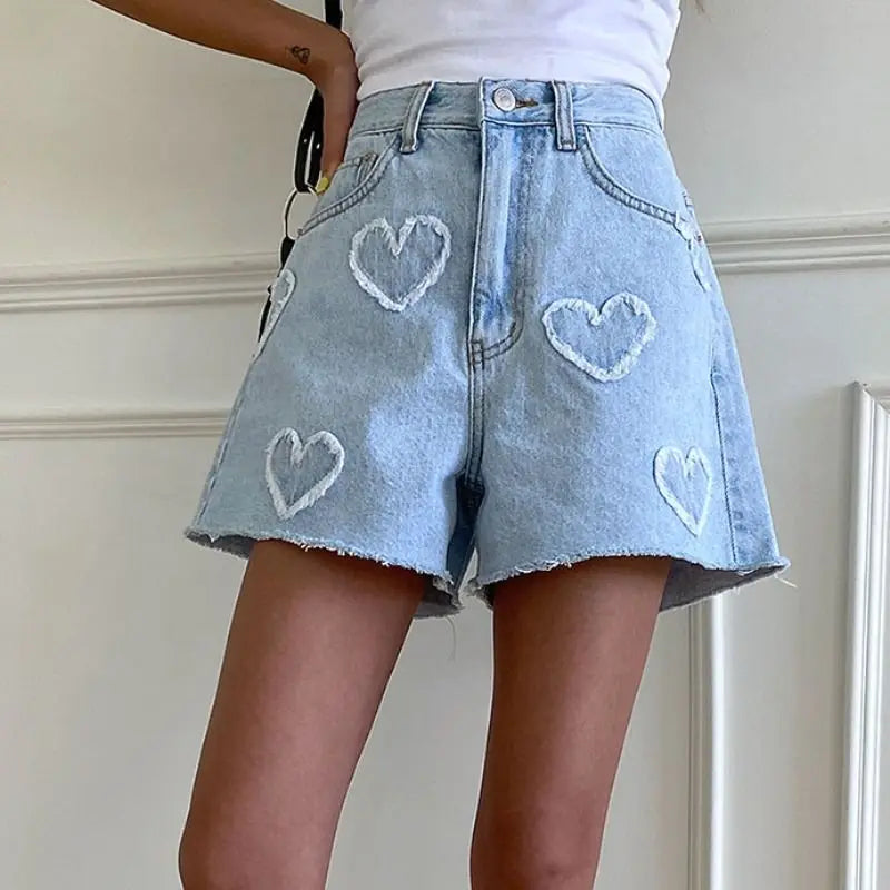 Stylish Heart Pattern High Waist Denim Shorts