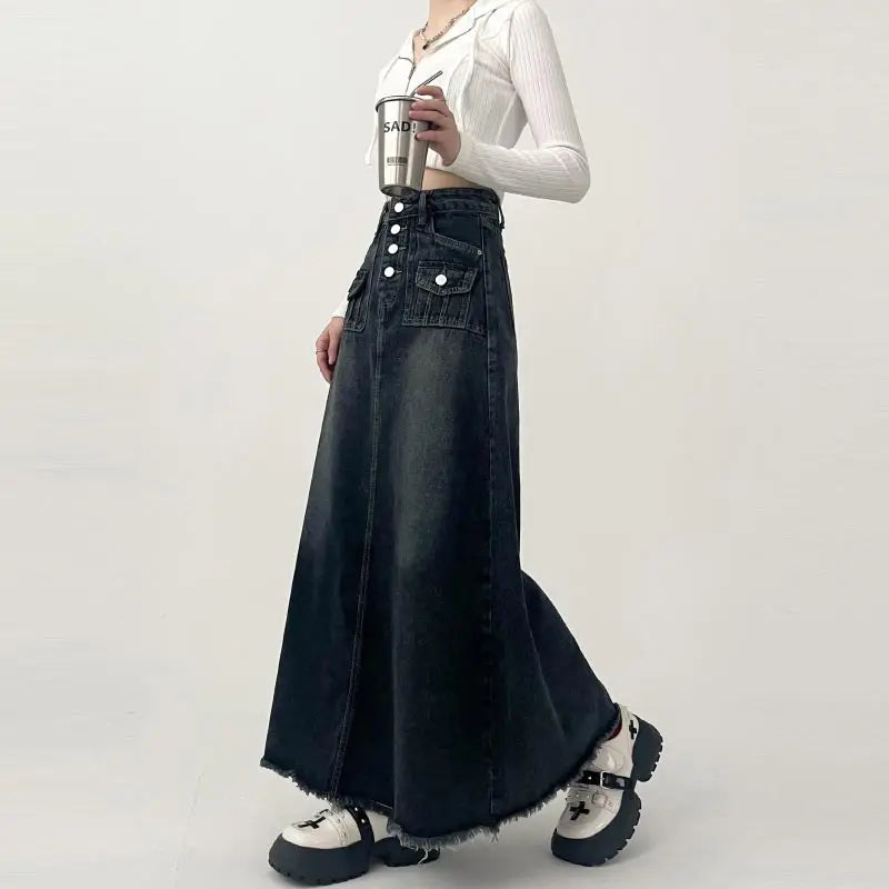 Retro Long A-line Denim Skirt