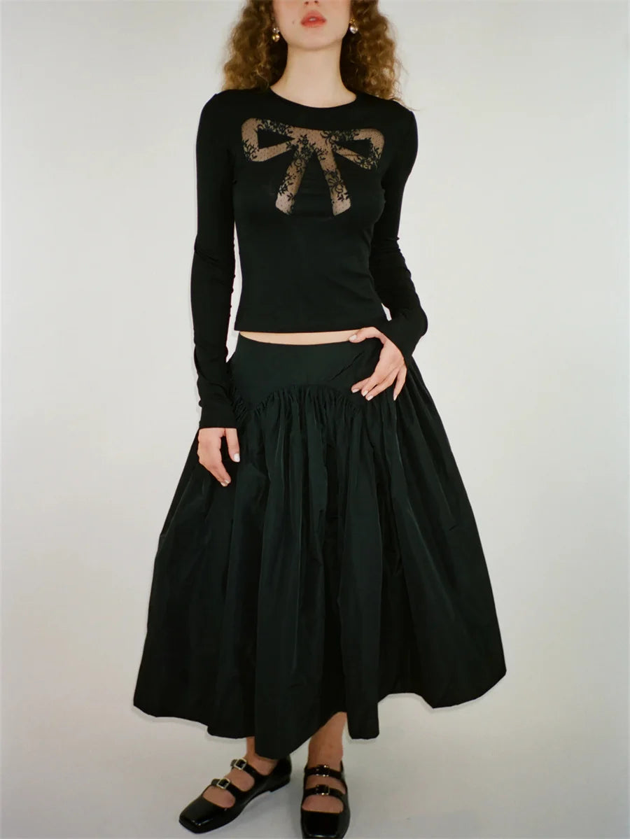 Statement Mesh Bow Long Sleeve Crop Top