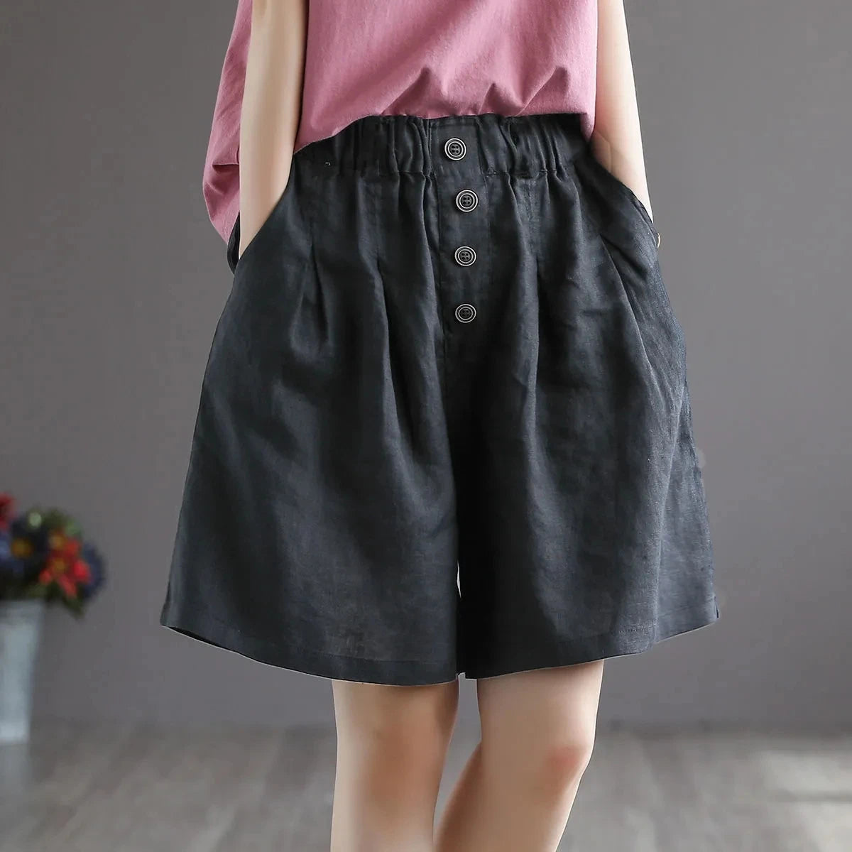 Multi-Buttons  High Waisted Shorts