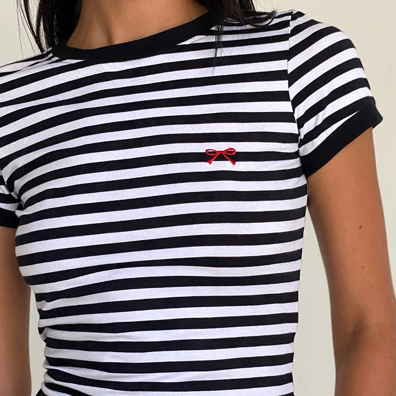 Chick Red Bow Tie Print Striped Short Sleeve T-shirt