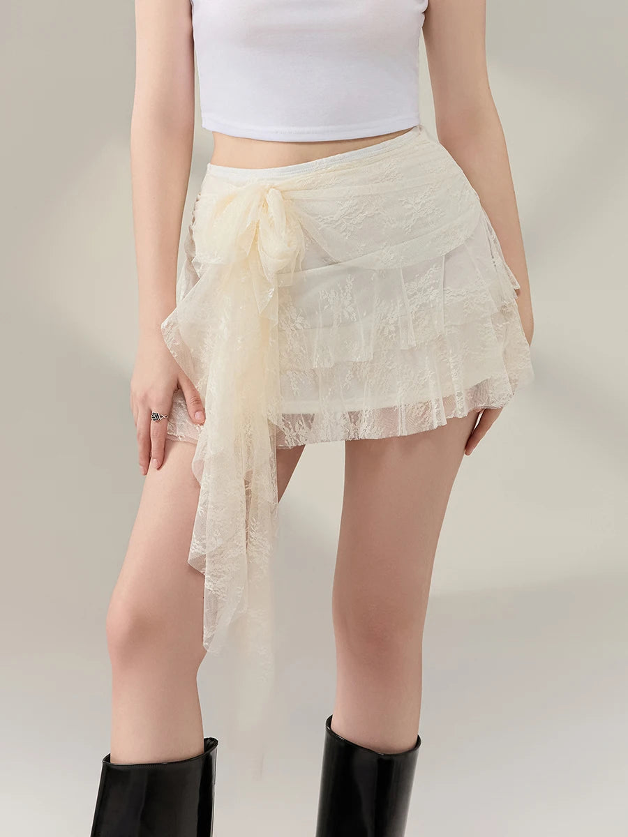 Mesh Front Bow Tie Downtown Mini Skirt