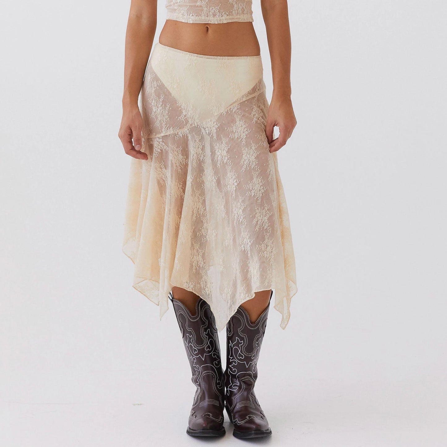 Elegant Asymmetrical See Through Lace Skirt