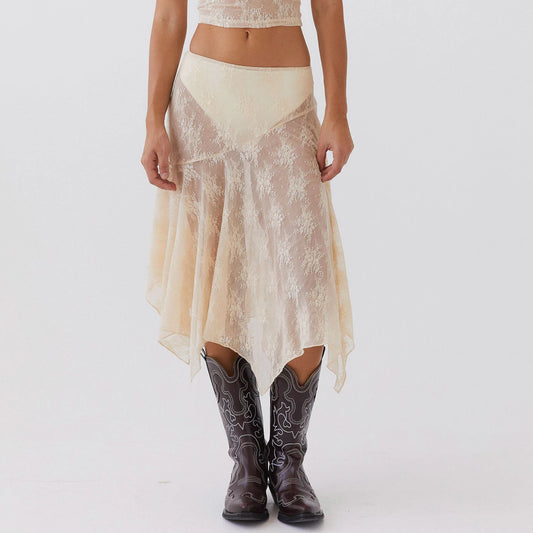 Elegant Asymmetrical See Through Lace Skirt