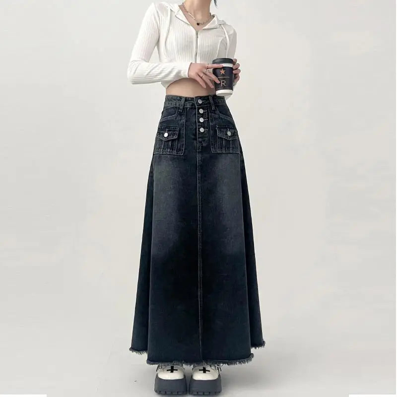 Retro Long A-line Denim Skirt