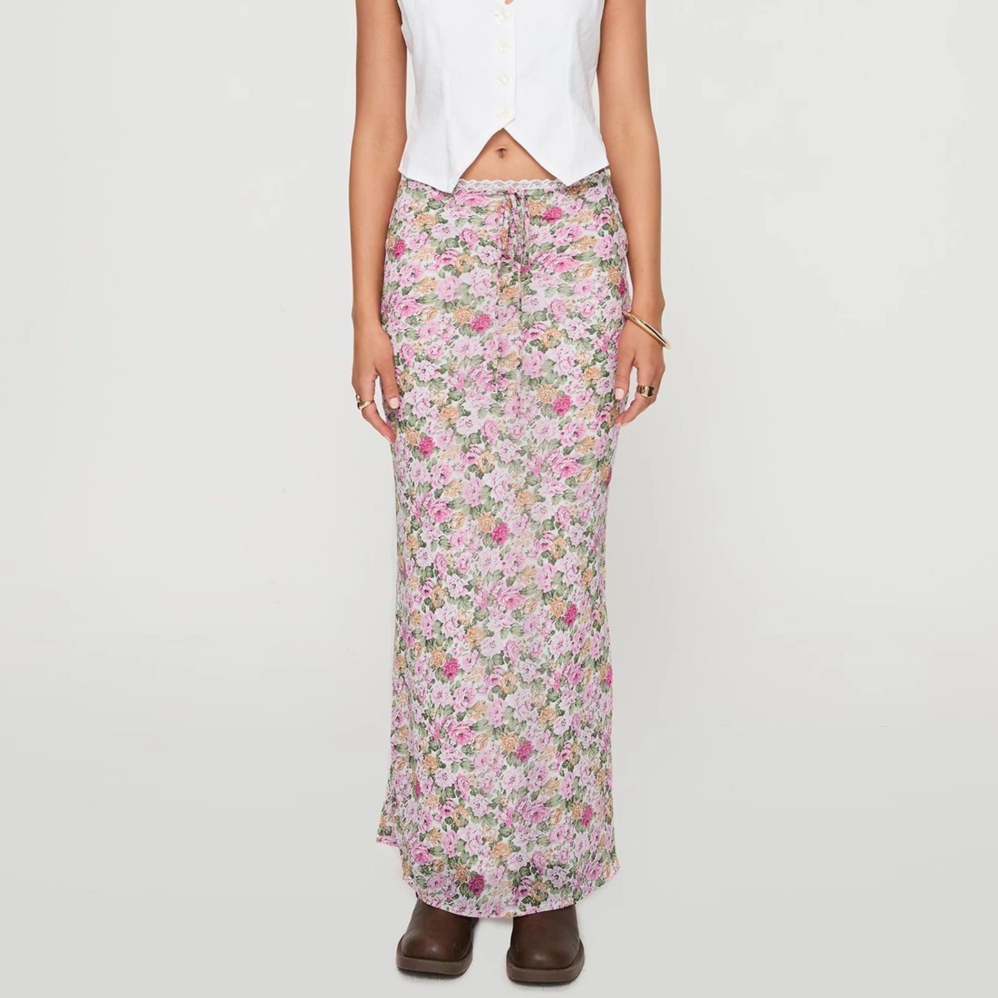 High Waist Floral Print Long Skirt