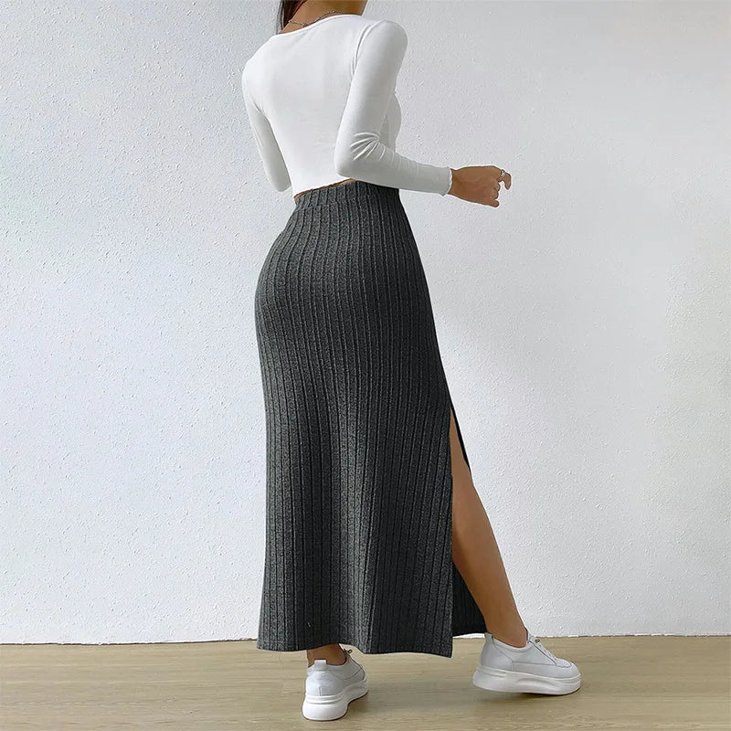 Knitted High Waist Long Skirt