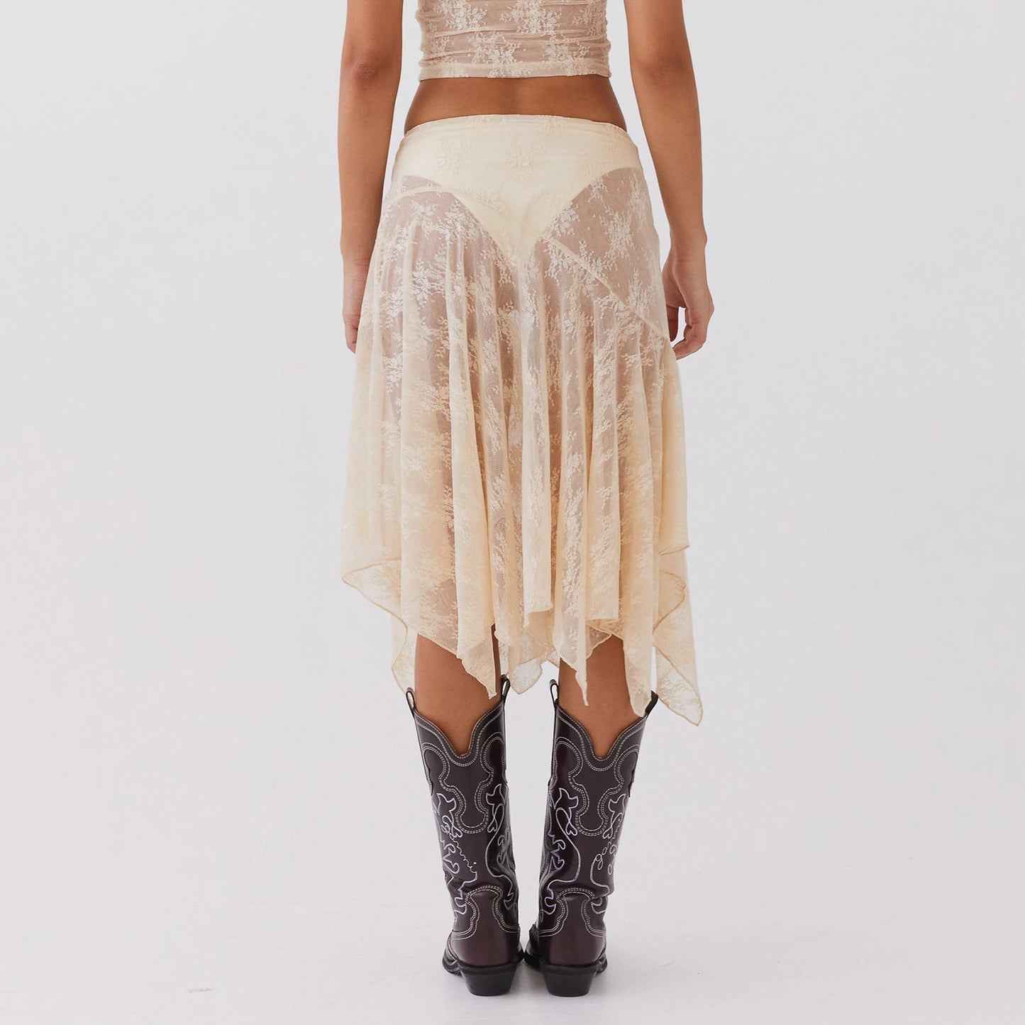 Elegant Asymmetrical See Through Lace Skirt