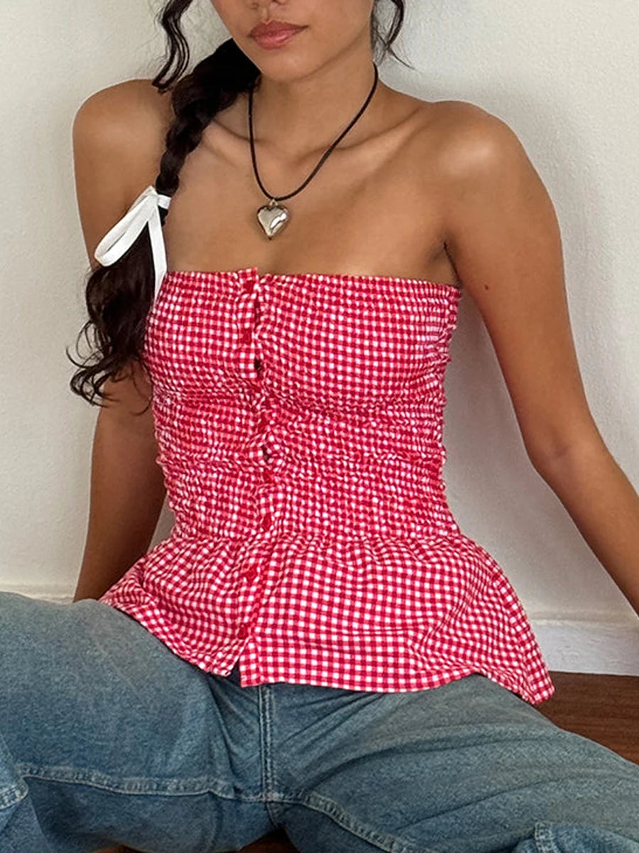 Strapless Plaid Print Ruffle T-Shirt