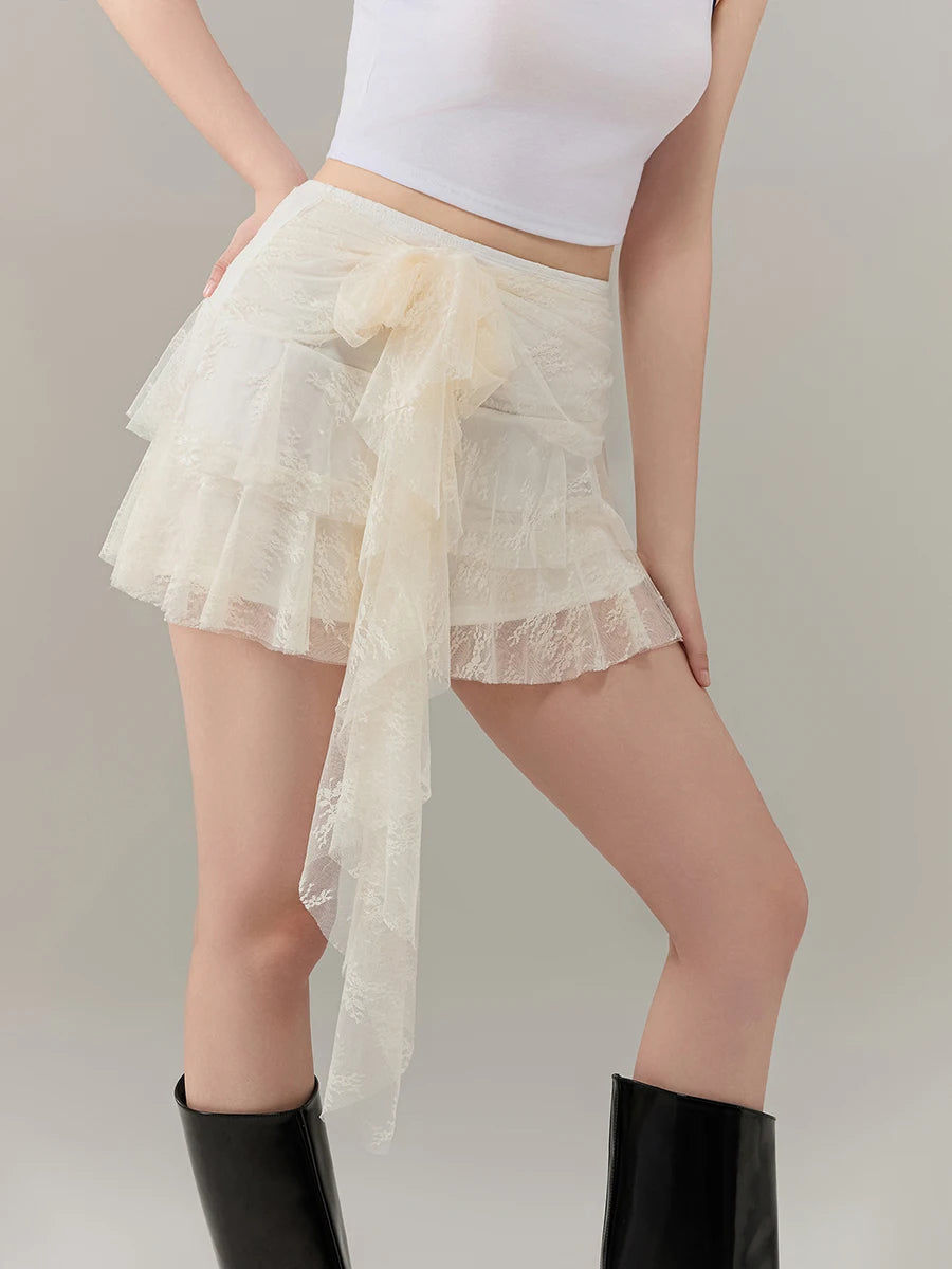 Mesh Front Bow Tie Downtown Mini Skirt