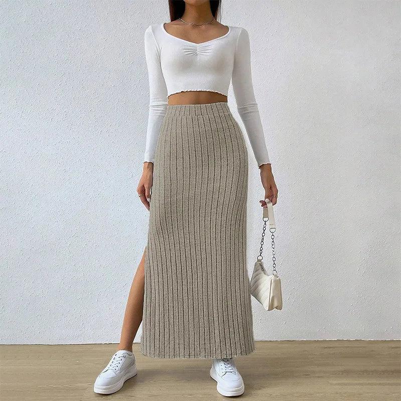 Knitted High Waist Long Skirt