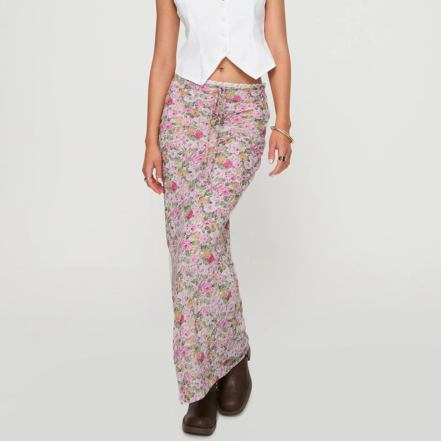 High Waist Floral Print Long Skirt