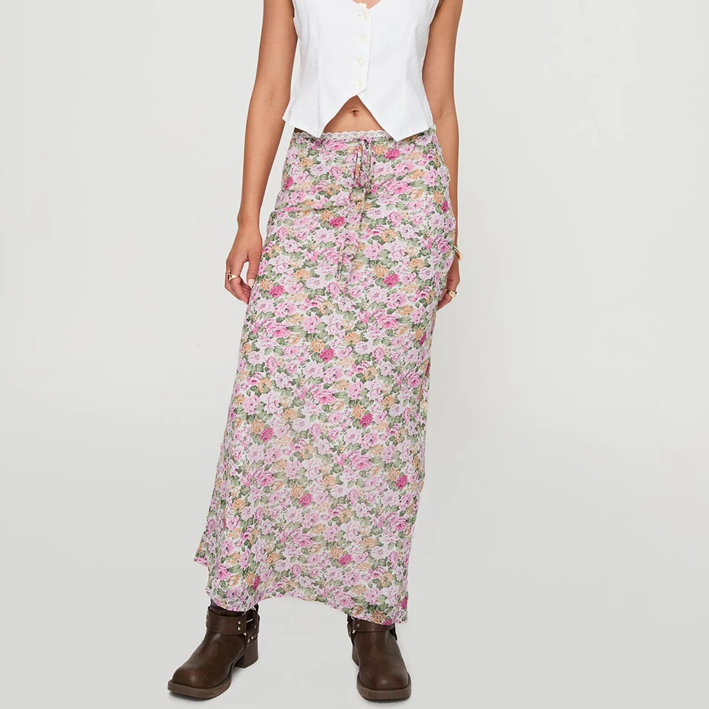 High Waist Floral Print Long Skirt