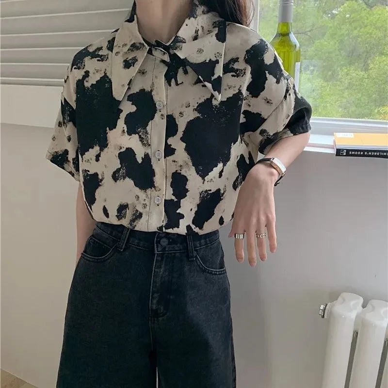 Vintage Black stained Print Short Sleeve Blouse