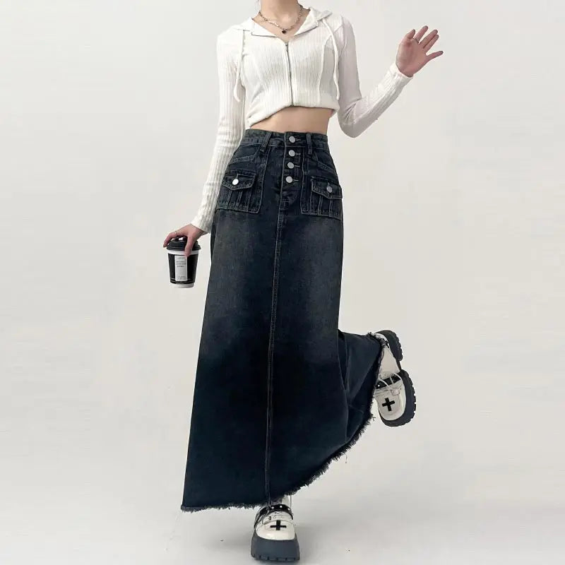 Retro Long A-line Denim Skirt