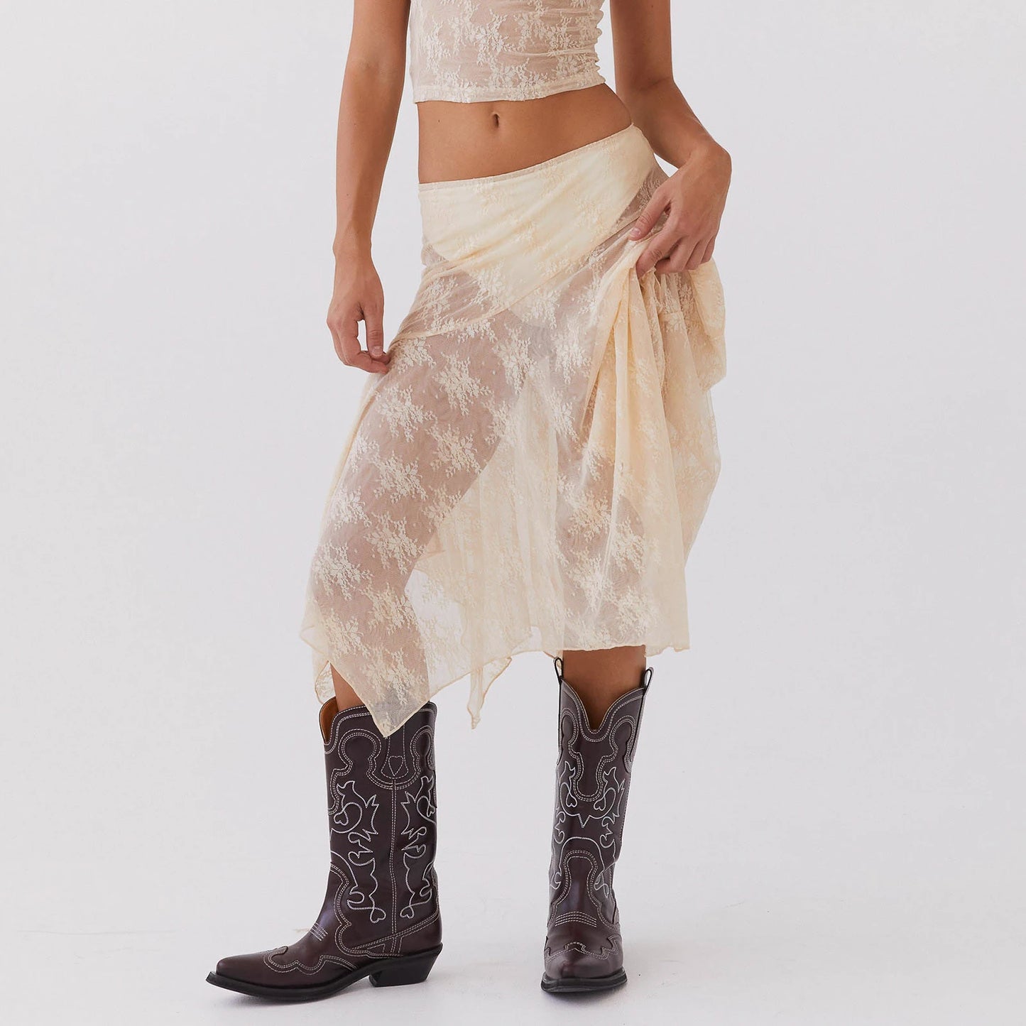 Elegant Asymmetrical See Through Lace Skirt